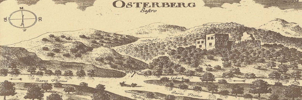 Bakrorez iz Valvasorjeve knjige, ki prikazuje opuščen grad Osterberg