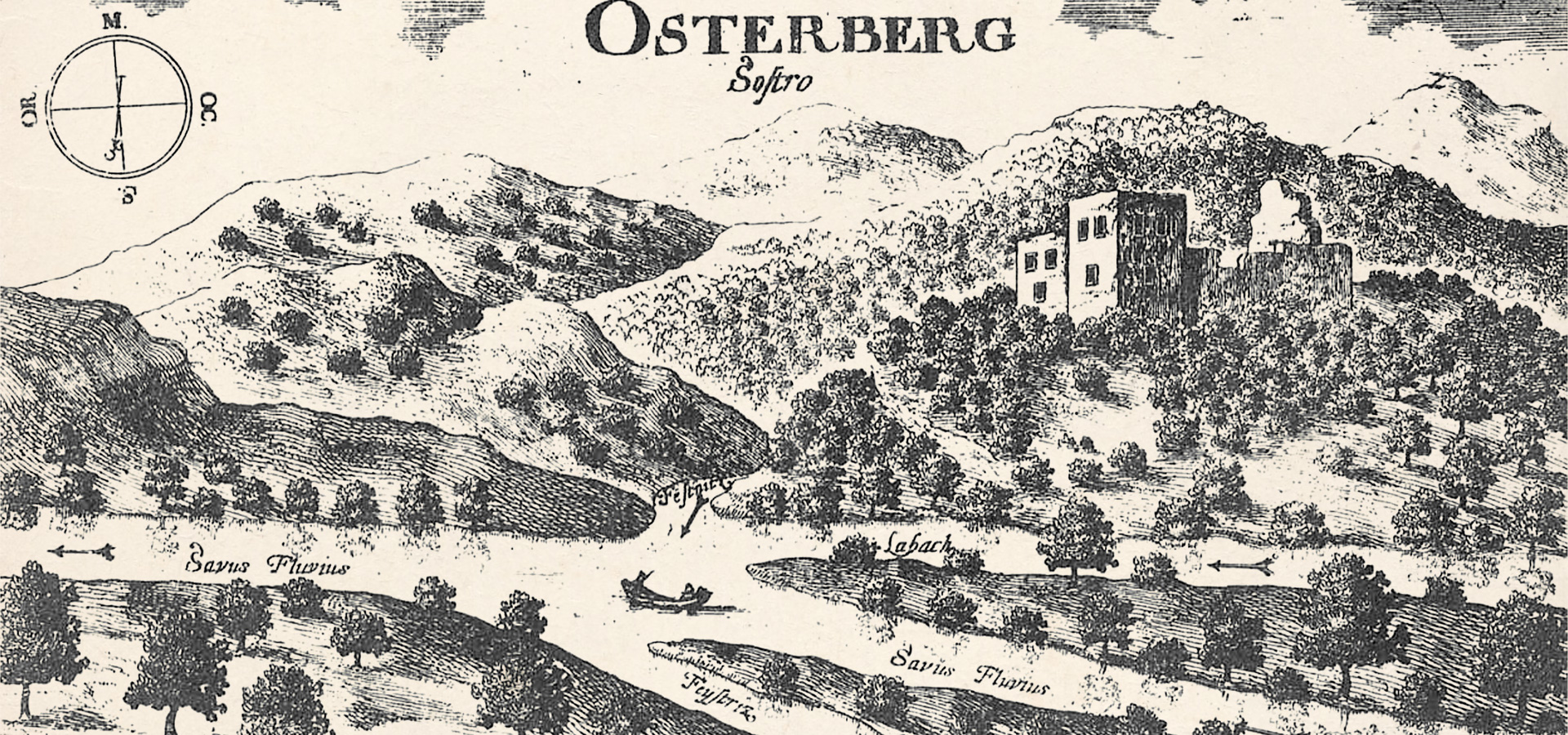 Bakrorez iz Valvasorjeve knjige, ki prikazuje opuščen grad Osterberg