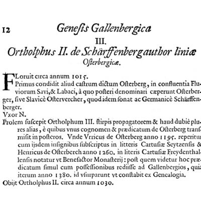 Del Schonlebnove Genealogije Gallenberg, kjer je navedena letnica postavitve gradu v Podgradu, 1015 ( Genealogiaj je izšla leta 1680). 